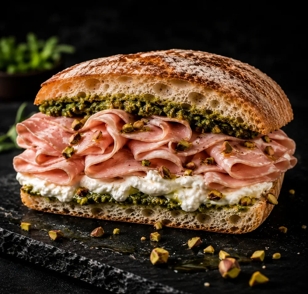 Focaccia Francesco CIAO FOCCA z mortadelą, stracciatellą i pesto pistacjowym